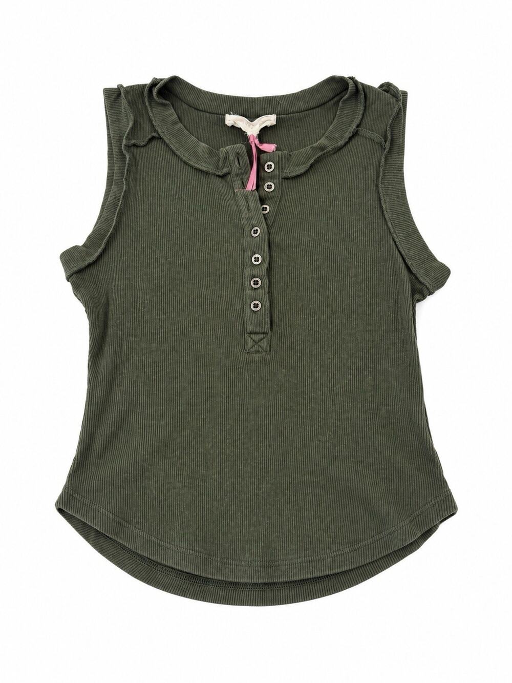 Hippie Rose Women’s Small Olive Green Ribbed Sleeveless Henley Tank Top